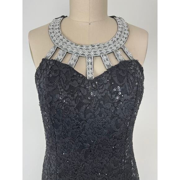 Vintage 90s Y2K Black Lace Maxi Dress Gown Medium Beaded Rhinestone Mermaid Hem - Picture 4 of 16